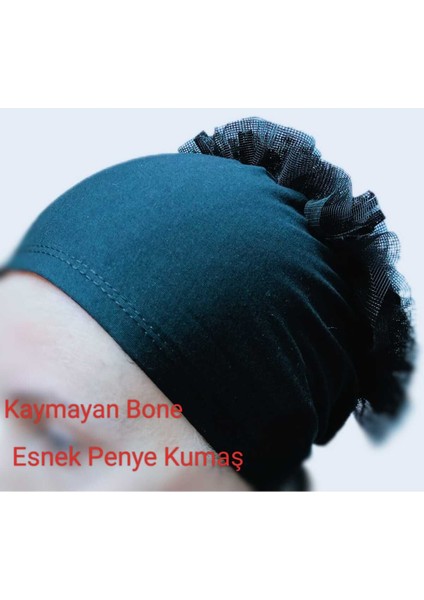 Fırfırlı Bone , Hijab , Bone , Topuz , Siyah Penye Bone