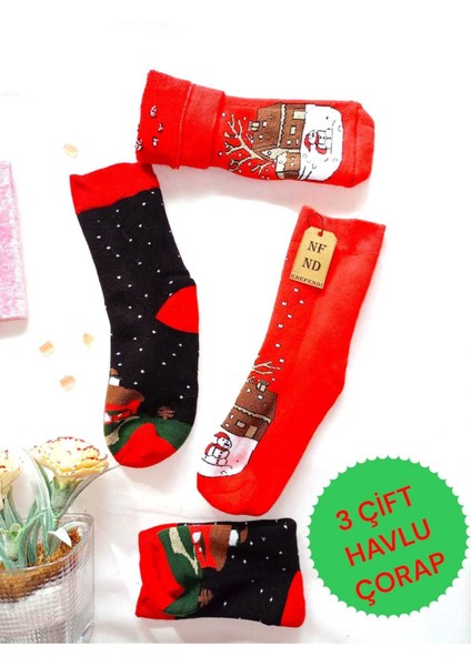 2 Çift Termal Soket Yılbaşı Havlu Yumuşak Hediye Kışlık Kadın Çorabı Kırmızı Siyah Çorap 36-40