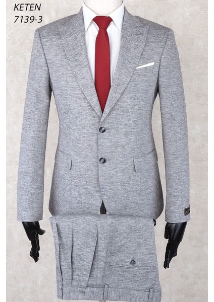 Keten Pileli Pantolon Slim Fit Sivri Yaka-Çift Yırtmaç Fileli Astar Drop 6 Takım Elbise
