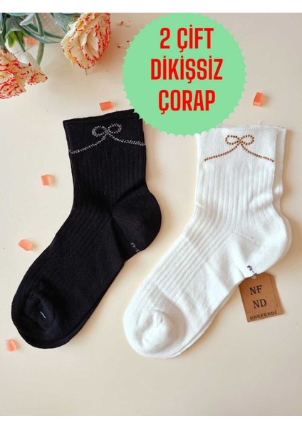 2 Çift Pamuklu Burun Dikişsiz Kokulu Lastiksiz Likralı Kısa Konç Çorap Krem Siyah Kadın Çorabı 36-40
