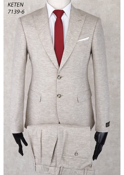 Keten Pileli Pantolon Slim Fit Sivri Yaka-Çift Yırtmaç Fileli Astar Drop 6 Takım Elbise