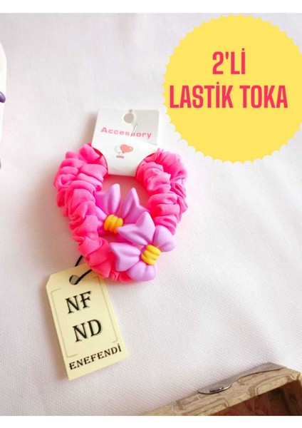 2 Adet Lastikli Toka Rahat Fiyonk Aksesuarlı Fuşya Pembe Hediye Kız Çocuk Genç