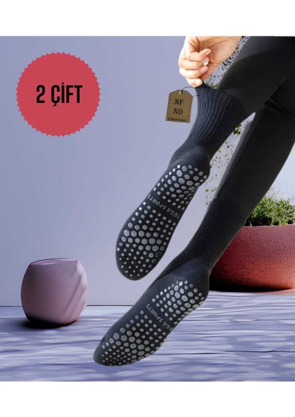 2 Çift Yoga Pilates Çorabı Kadın Silikon Kaymaz Taban Pamuklu Soket Tenis Çorap Altı Havlulu Siyah
