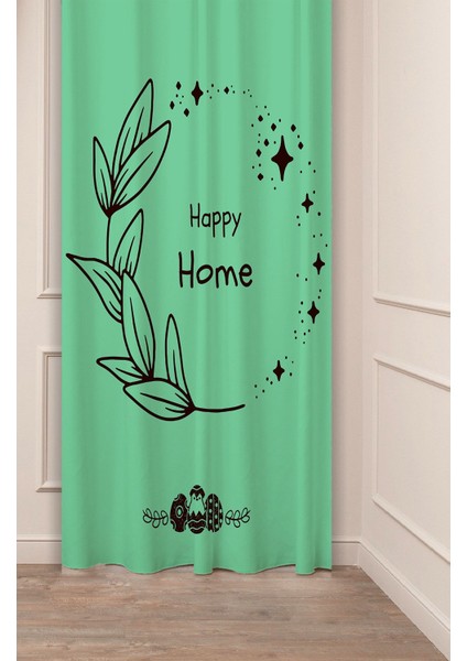 Happy Home Mutlu Ev Yaprak Bohem Desenli Özel Tasarım Dijital Baskılı (Tek Kanat) Şık Fon Perde