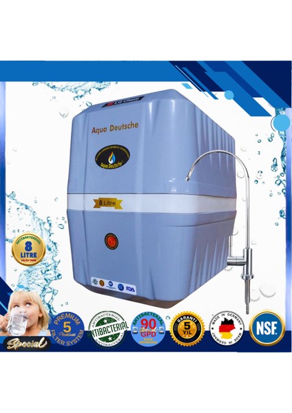 Specıal 8 Litre Antibakteriyel Çelik Tanklı 90 Gpd Nano Membranlı Gümüş Iyon Kompozit Tatlandırıcılı Su Arıtma Cihazı