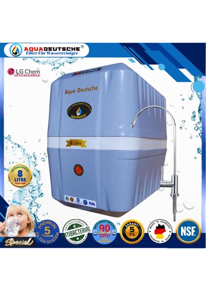Specıal 8 Litre Antibakteriyel Çelik Tanklı 90 Gpd Nano Membranlı Gümüş Iyon Kompozit Tatlandırıcılı Su Arıtma Cihazı