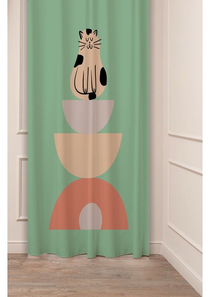 Kedi Vintage Bohem Geometrik Çizgi Desenli Özel Tasarım Dijital Baskılı (Tek Kanat) Şık Fon Perde