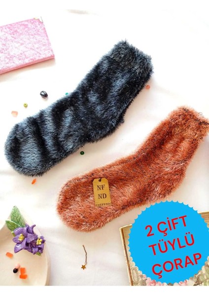 2 Çift Tüylü Kışlık Termal Patik Dikişsiz Çorap Erkek Kadın Ev-Parti Çorabı Mavi Vizon 36-41.