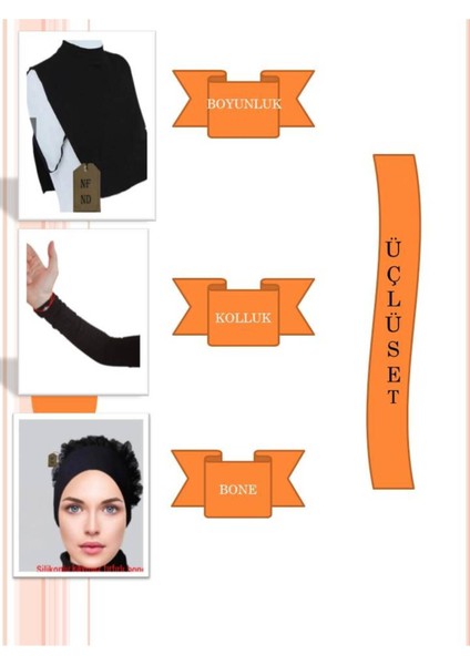 Boyunluk , Bone (Silikonlu Fırfırlı Kaymaz Bone), Kolluk (Üçlü Set)Siyah Hijab Tesettür