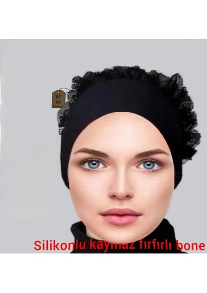 Boyunluk , Bone (Silikonlu Fırfırlı Kaymaz Bone), Kolluk (Üçlü Set)Siyah Hijab Tesettür fırsatları