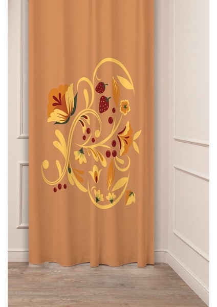 Bohem Çiçek Yaprak Çilek Desenli Özel Tasarım Dijital Baskılı (Tek Kanat) Modern Şık Fon Perde