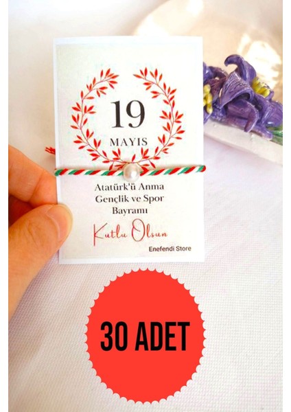 30 Adet Incili Marteniçka 19 Mayıs Tebrik Kartlı Bileklik Hediye Bahar Bilekliği Kırmızı Yeşil Beyaz