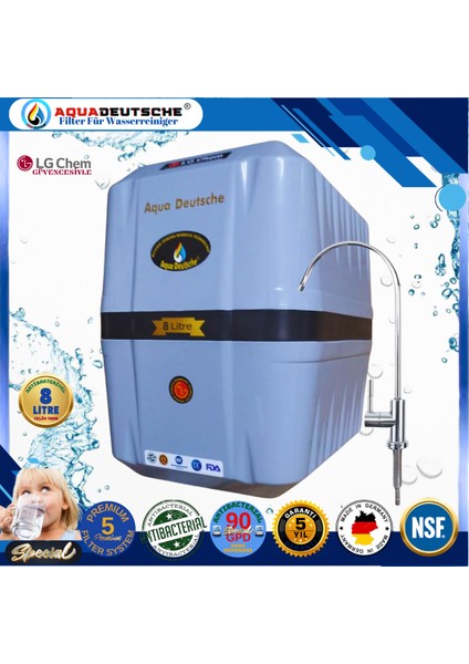 Specıal 8 Litre Antibakteriyel Çelik Tanklı 90 Gpd Nano Membranlı Gümüş Iyon Kompozit Tatlandırıcılı Su Arıtma Cihazı
