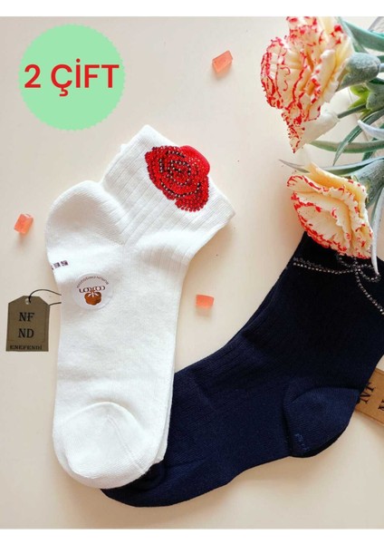 2çift Pamuklu Burun Dikişsiz Gültaşlı Kokulu Likralı Kısakonç Çorap Ekru Lacivert Kadın Çorabı 36-40