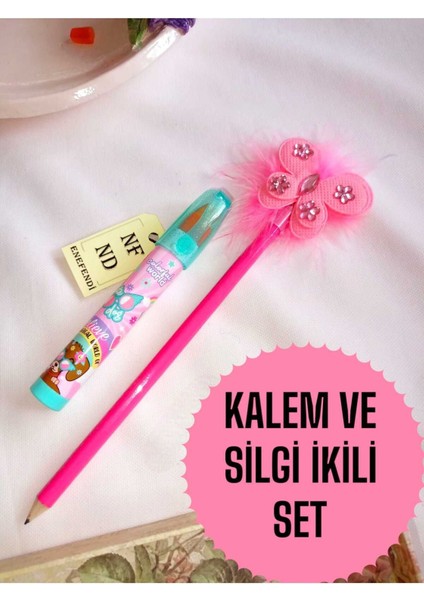 2li Set Pembe Kalem ve Roket Yumurtlayan Silgi Aksesuarlı Kalem Hediye Süslü Kurşunkalem