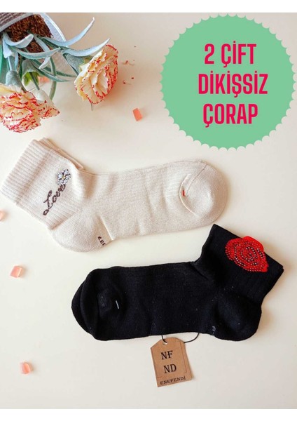 2 Çift Gül Love Taşlı Pamuklu Burun Dikişsiz Kokulu Kısa Konç Çorap Krem Siyah Kadın Çorabı 36-40