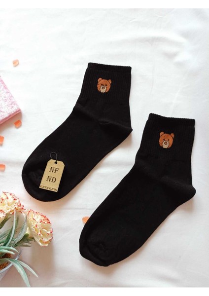 2 Çift Pamuklu Kokulu Teddy Kadın Çorap Yumuşak Dikişsiz Ayıcık Desen Ekru ve Siyah Ara Konç 36 40