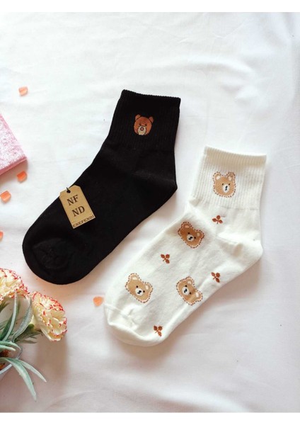 2 Çift Pamuklu Kokulu Teddy Kadın Çorap Yumuşak Dikişsiz Ayıcık Desen Ekru ve Siyah Ara Konç 36 40
