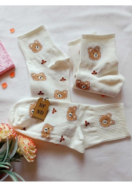 2 Çift Pamuklu Kokulu Teddy Kadın Çorap Yumuşak Dikişsiz Ayıcık Desen Ekru ve Siyah Ara Konç 36 40