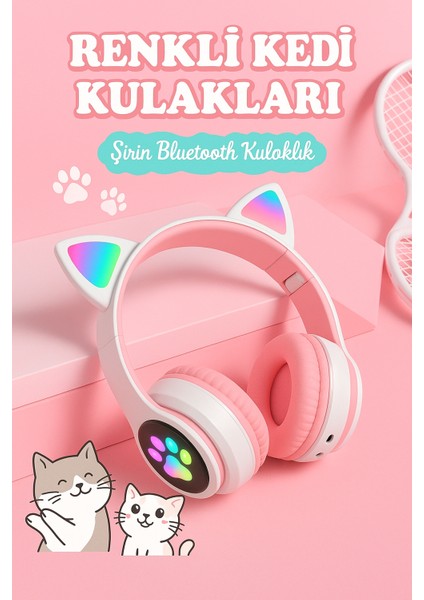 Şirin Işıklı Kedi Kulaklı Katlanabilir Bluetooth Kulaklık
