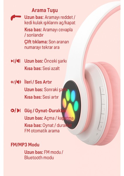 Şirin Işıklı Kedi Kulaklı Katlanabilir Bluetooth Kulaklık