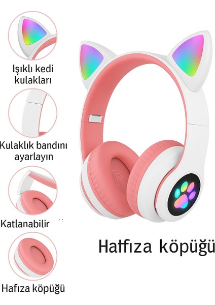 Şirin Işıklı Kedi Kulaklı Katlanabilir Bluetooth Kulaklık
