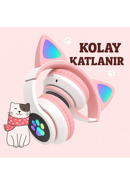 Şirin Işıklı Kedi Kulaklı Katlanabilir Bluetooth Kulaklık