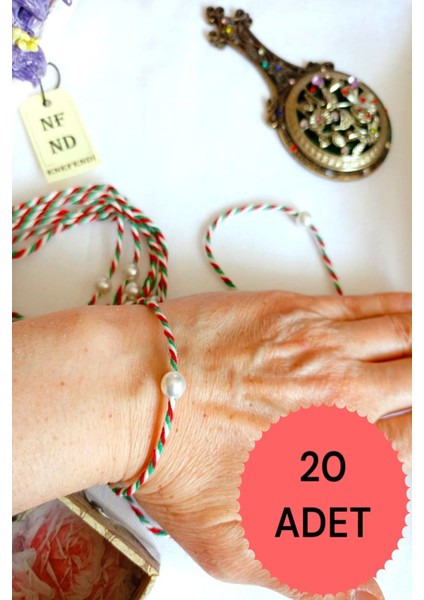 20 Adet Inci Boncuklu Marteniçka Ip Bileklik Kırmızı Yeşil Beyaz Hediye Şans Bahar Incili