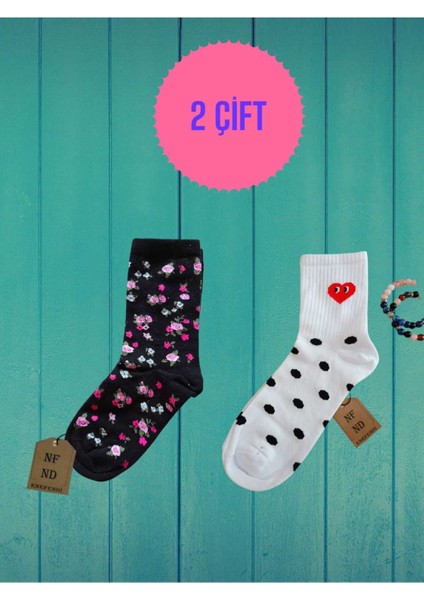 2 Çift Siyah(Dikişsiz) Beyaz(Dikişli) Kadın Çorabı Puantiyeli Kalpli Kolej Pamuklu Simli Çorap 36-40