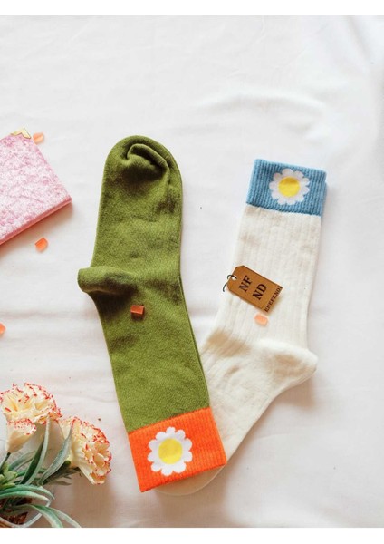 2 Çift Papatya Pamuklu Kokulu Kadın Çorap Yumuşak Dikişsiz Yeşil Ekru Soket 36 40 indirimleri