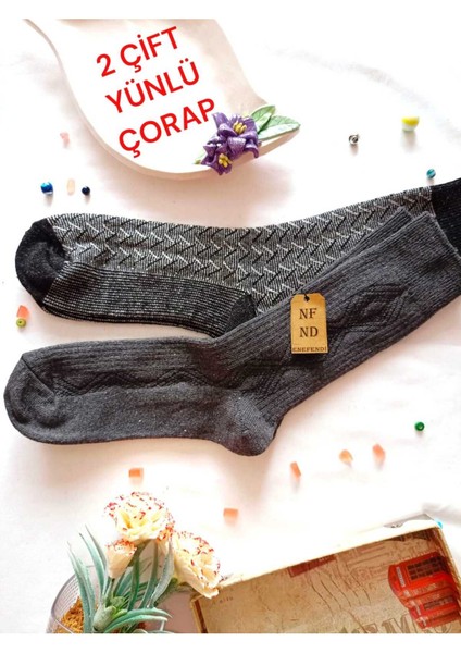 2 Çift Yünlü Termal Erkek Kokulu Kışlık Soket Kalın Desenli Çorap Hediye Füme Siyahbeyaz 40-45