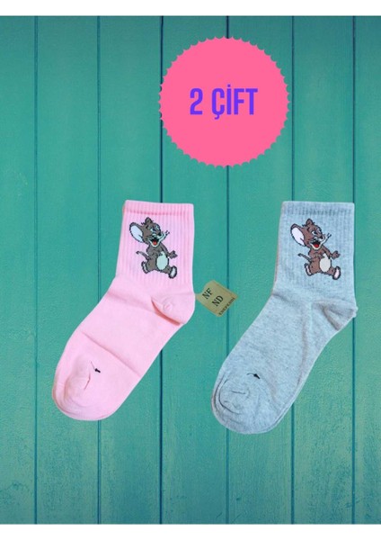 2 Çift Jerry Desenli Pamuklu Dikişsiz Çorap Arakonç Kadın Pembe Gri Burun Dikişsiz Çorap 36-40