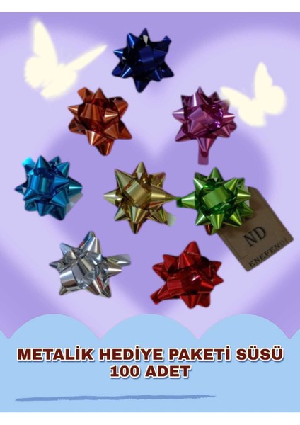 Metalik Hediye Paketi Süsü, Fiyonk,parlak, Renkli,yapışkanlı,yıldız,rafya Süs 6 cm 100 Adet