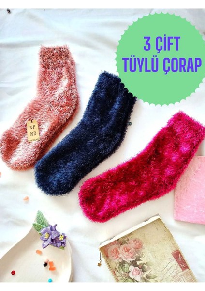 3 Çift Tüylü Kışlık Termal Patik Dikişsiz Çorap Gül K Laci Fuşya 36-41.