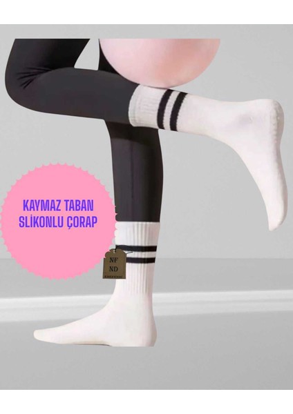 Yoga Pilates Çorabı Tırtıklı Kadın Kaymaz Silikon Taban Pamuklu Soket Tenis Çorap Altı Havlulu Beyaz