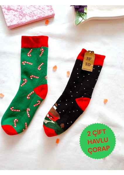 2 Çift Termal Soket Yılbaşı Havlu Yumuşak Hediye Kışlık Kadın Çorabı Yeşil Siyah Çorap 36-40