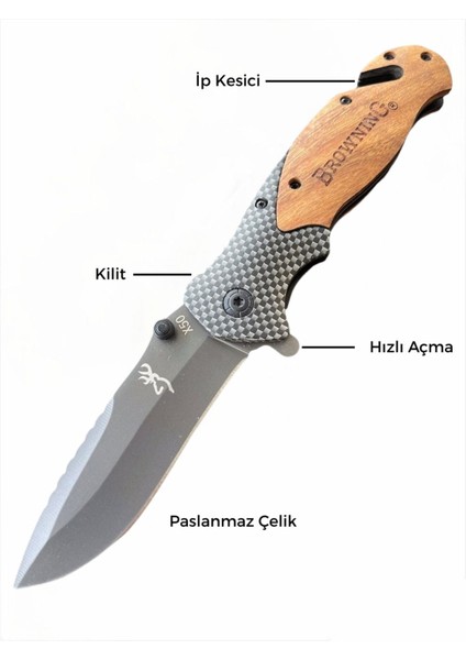 Browning 20CM Yarı Otomatik Ahşap Saplı Taktiksel Kamp ve Outdoor Çakı