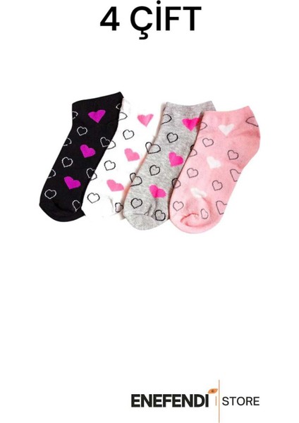 Kadın Patik Çorap 4 Çift Kalp Desenli Pamuklu Kısakonç Çorabı 36-40
