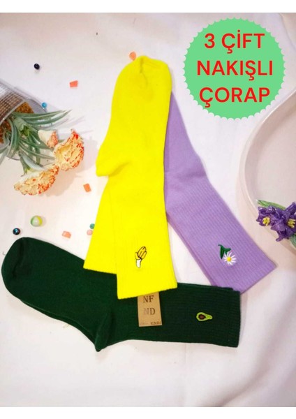 3 Çift Nakışlı Kadın Çorap Üçlü Soket Hayvan Meyve Çiçek Nakışlı Çorabı Hediye 36-40