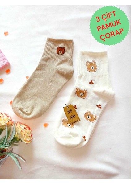 2 Çift Dikişsiz Pamuk Çorabı Soket Yumuşak Kadın Krem Ekru Ayı Çorap Hediye 36-40