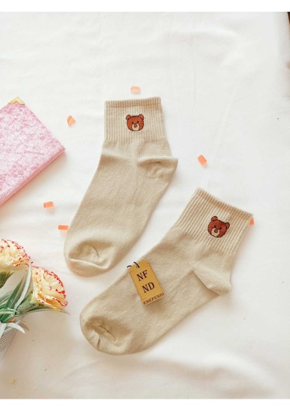 2 Çift Dikişsiz Pamuk Çorabı Soket Yumuşak Kadın Krem Ekru Ayı Çorap Hediye 36-40 fiyatları