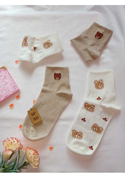 2 Çift Dikişsiz Pamuk Çorabı Soket Yumuşak Kadın Krem Ekru Ayı Çorap Hediye 36-40 indirimleri