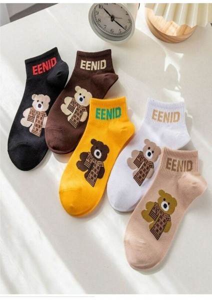 5'li Teddy Bear Ayıcıklı Renkli Patik Ekonomik Paket Unisex Kısa Spor Sneakers Çorap