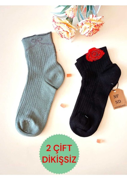 2 Çift Pamuklu Burun Dikişsiz Gültaşlı Kokulu Likralı Kısakonç Çorap Yeşil Siyah Kadın Çorabı 36-40