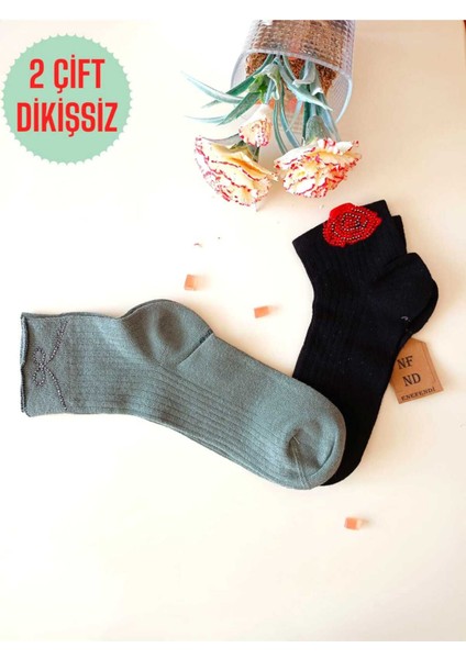 2 Çift Pamuklu Burun Dikişsiz Gültaşlı Kokulu Likralı Kısakonç Çorap Yeşil Siyah Kadın Çorabı 36-40 modelleri