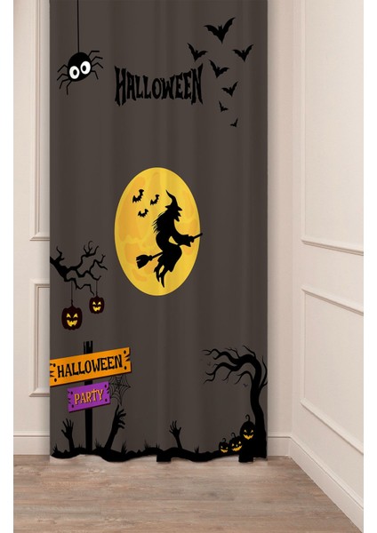 Halloween Cadı Festavli Desenli Özel Tasarım Dijital Baskılı (Tek Kanat) Siyah Modern Fon Perde