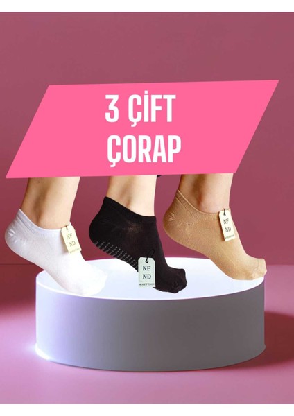 3 Çift Babet Çorap Görünmez Spor Yoga Pilates Kaymaz Silikon Taban 36-40 Siyah Beyaz Krem Dikişsiz