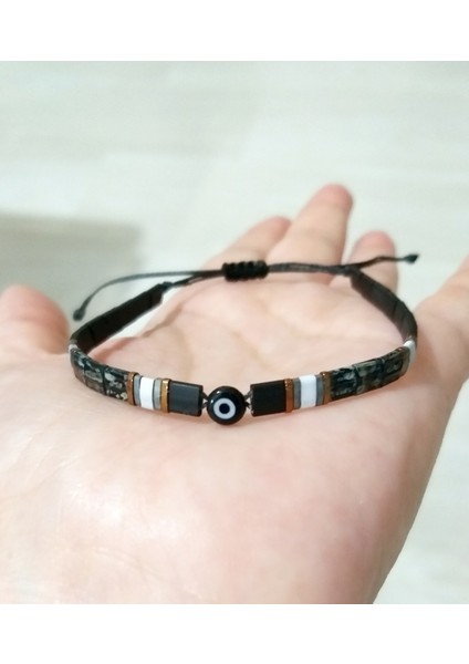 Siyah Cam Nazar Boncuklu Bakır Rengi Hematit Doğaltaşlı Miyuki Tila Unisex Bileklik