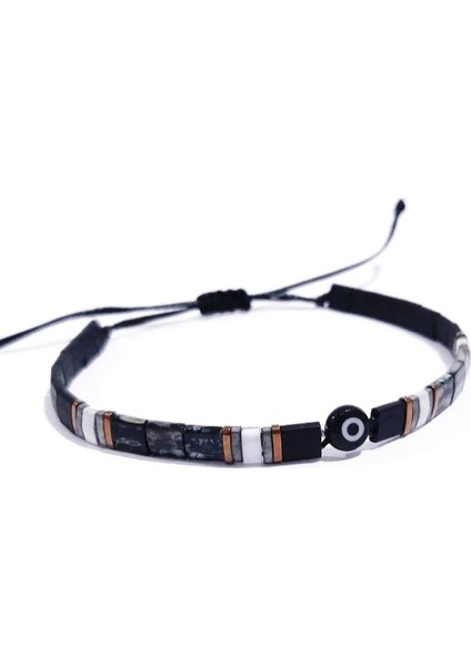 Siyah Cam Nazar Boncuklu Bakır Rengi Hematit Doğaltaşlı Miyuki Tila Unisex Bileklik fiyatları