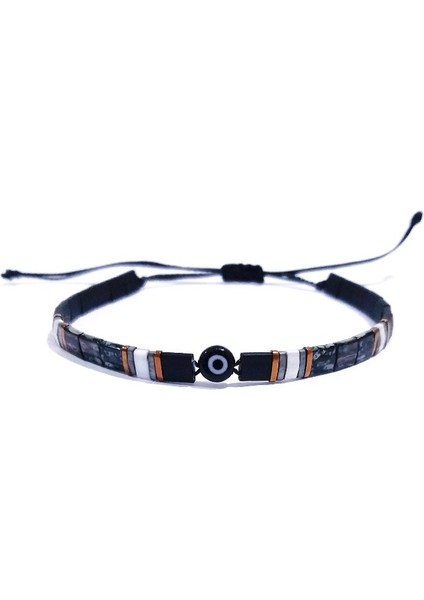 Siyah Cam Nazar Boncuklu Bakır Rengi Hematit Doğaltaşlı Miyuki Tila Unisex Bileklik modelleri